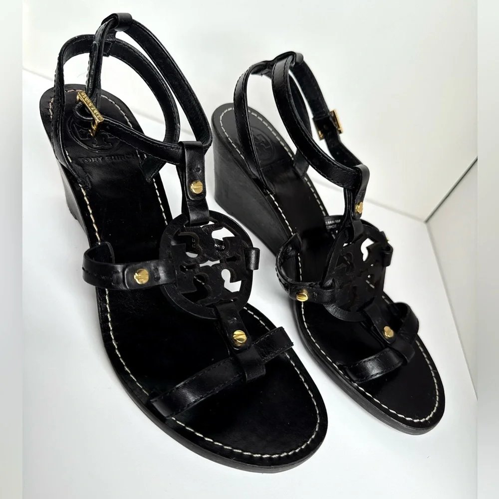 Tory Burch Black Leather Miller Logo Wedge Ankle Strap Sandals Size‎ 7M